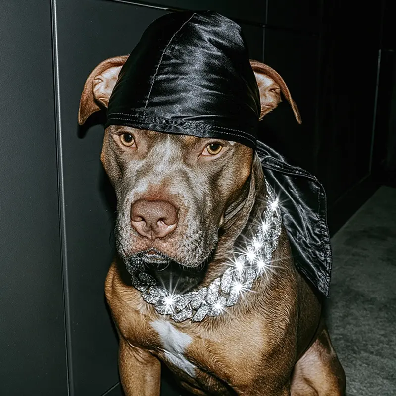 Doggy Durags, Drop 001: pitbull in black satin slip-on durag with iced chain — concept imagery